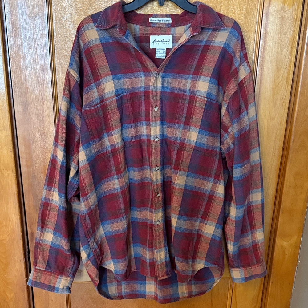 Eddie Bauer Men's Plaid Button Down Shirt - Red, Blue, & Cream